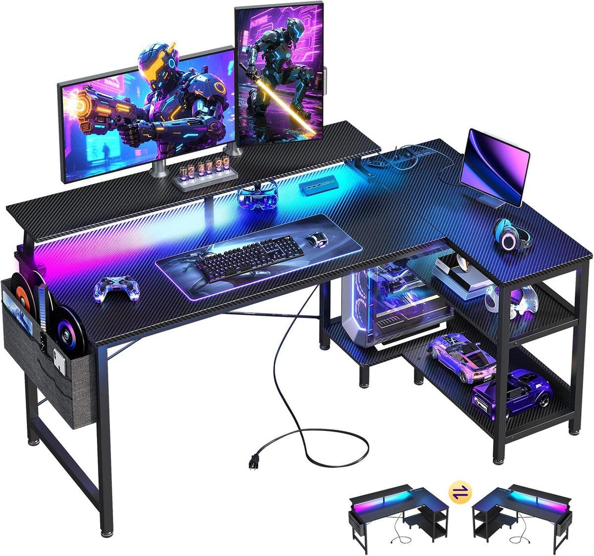 ODK 48 Inch Gaming Desk with USB Charging Ports and LED Lights, Reversible L Shaped Computer Desk with Storage Shelves & Monitor Stand, Corner Gamer Desk Table with Power Outlets, Black