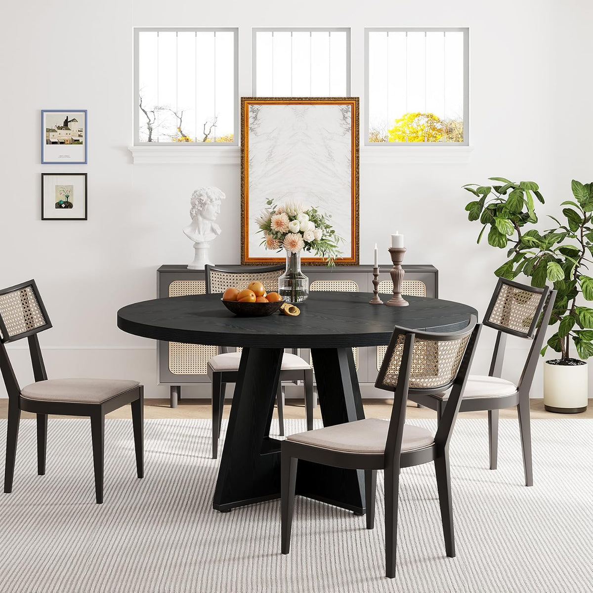 Tribesigns 47 inch Round Dining Table Wood Kitchen Table for Dining Room, 47" Dinner Room Tables for 4-6, Farmhouse Accent Furniture with Wooden Tabletop and Cross Base, Black
