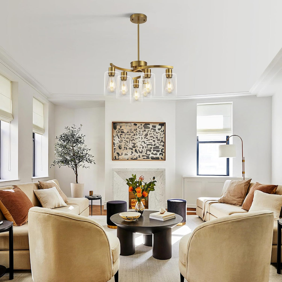 6 Light Gold Dining Room Light Fixture .Modern Farmhouse Kitchen Chandeliers Over Table .Adjustable Height Hanging Pendant Lighting for Kitchen Island  .with Glass Shade