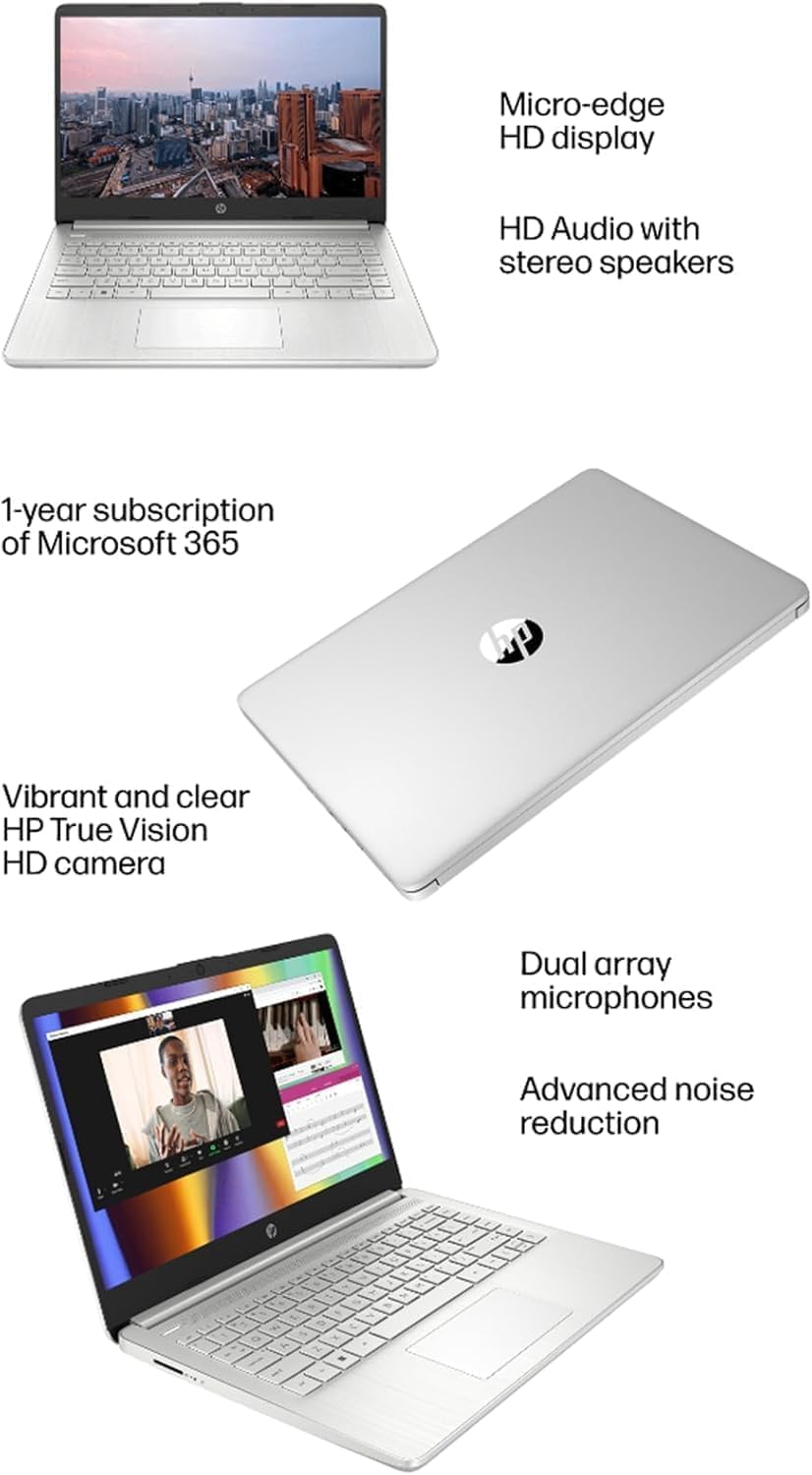 HP 14" Ultra Light Laptop for Student & Home (Intel Quad-Core N4120, 4GB RAM, 128GB(64GB + 64GB SD), 1-Year Office 365) 11-Hr Long Battery Life, Webcam, WiFi, Win 11 Home in S Mode - Snow White