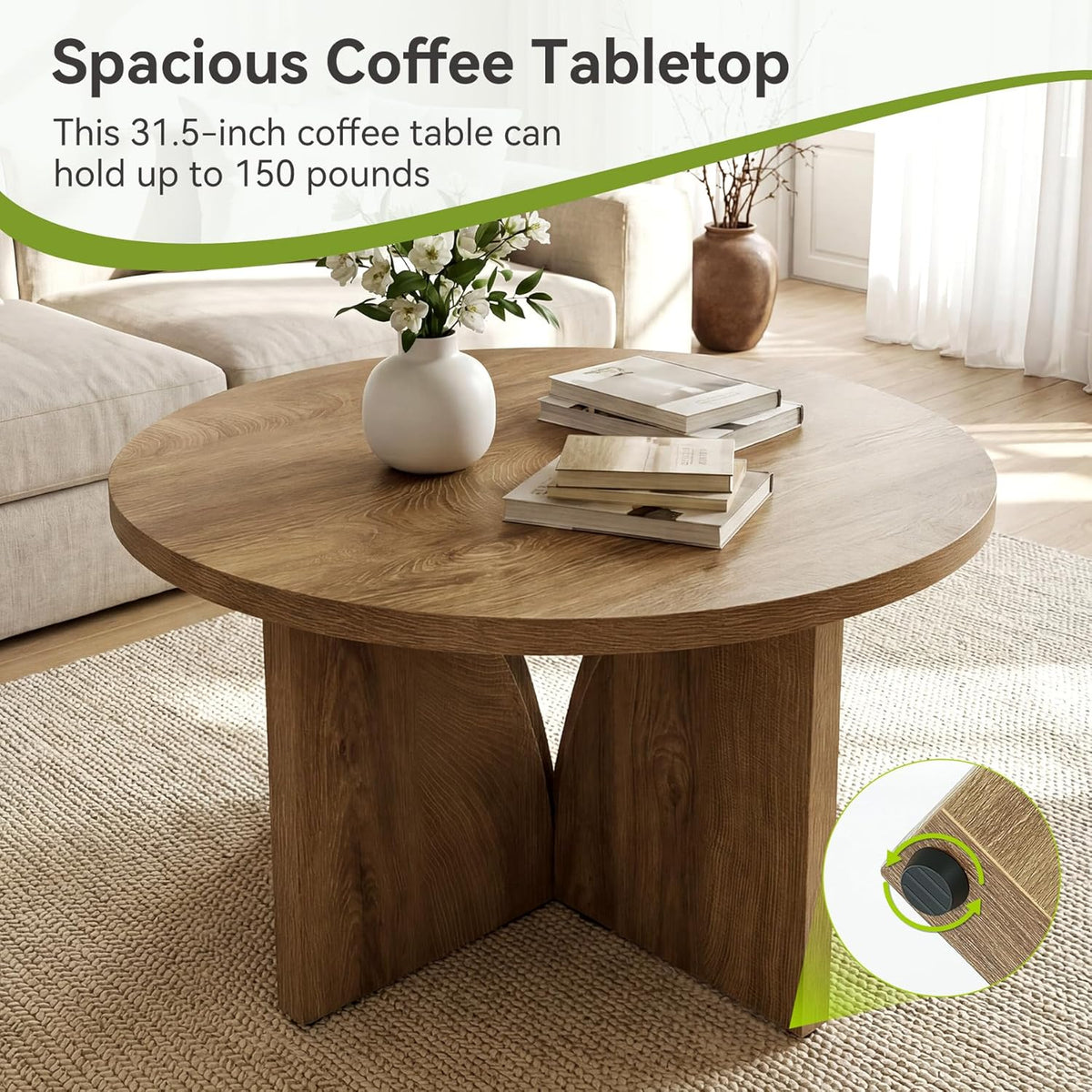 LITTLE TREE Round Coffee Table, 31.5-Inches Circle Center Table for Living Room, Modern Wooden Coffee Table for Small Space, Easy to Assemble, for Home Office, Small Space, Brown
