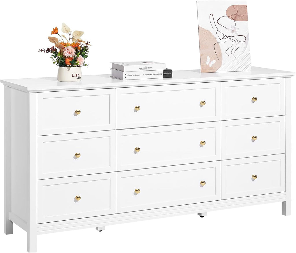 VEVOR 9 Drawer Dresser, Wooden Chest of Drawers with Sliding and Anti-tip Device, Retro Minimalist Dresser Chest, Closet Storage TV Stand Organizer for Living Room, Hallway, Bedroom, Entryway, White