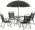 Outsunny 6 Piece Patio Dining Set for 4 with Umbrella, Outdoor Table and Chairs with 4 Folding Dining Chairs & Round Glass Table for Garden, Backyard and Poolside, Black and Coffee