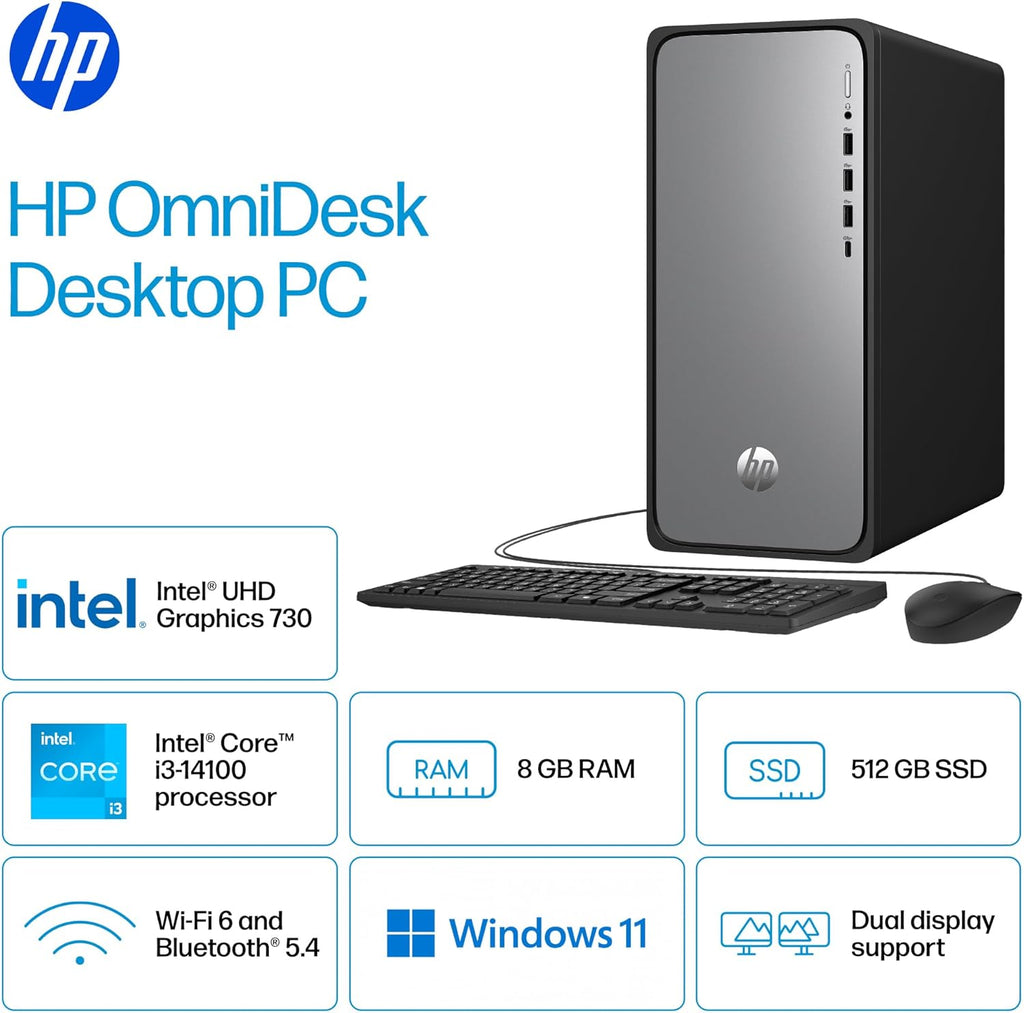 HP OmniDesk Desktop PC, Intel Core i3-14100, 8 GB RAM, 512 GB SSD, Intel UHD Graphics 730, Windows 11 Home, Microsoft Copilot, Meteor Silver, M02-0010 (2025)