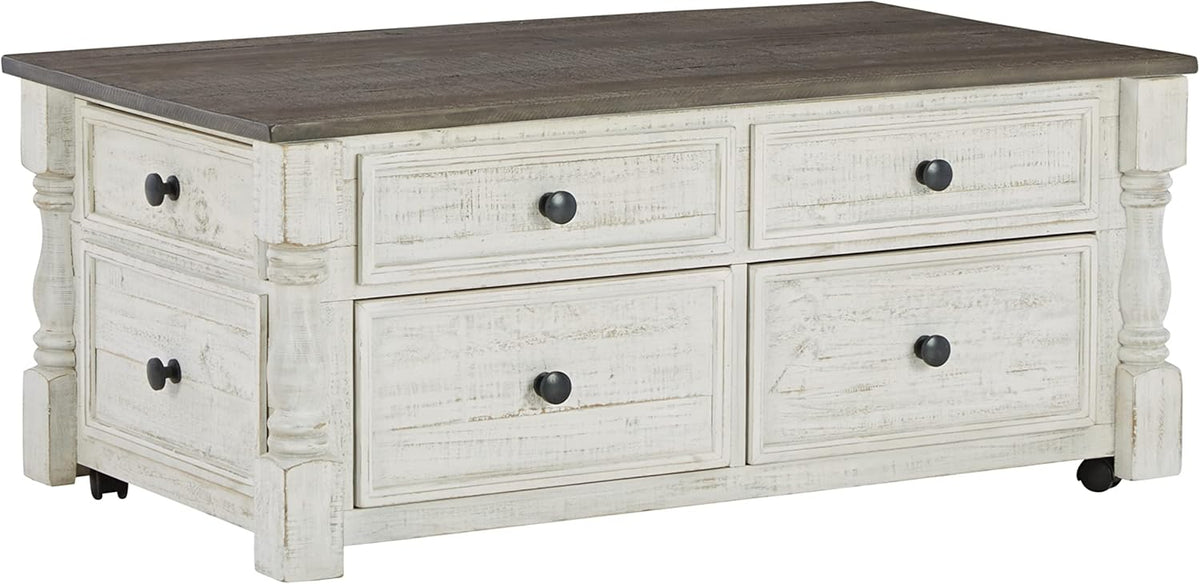 Signature Design by Ashley Havalance Farmhouse Lift Top Coffee Table with 4 Storage Drawers and Small Storage Tray, Whitewash