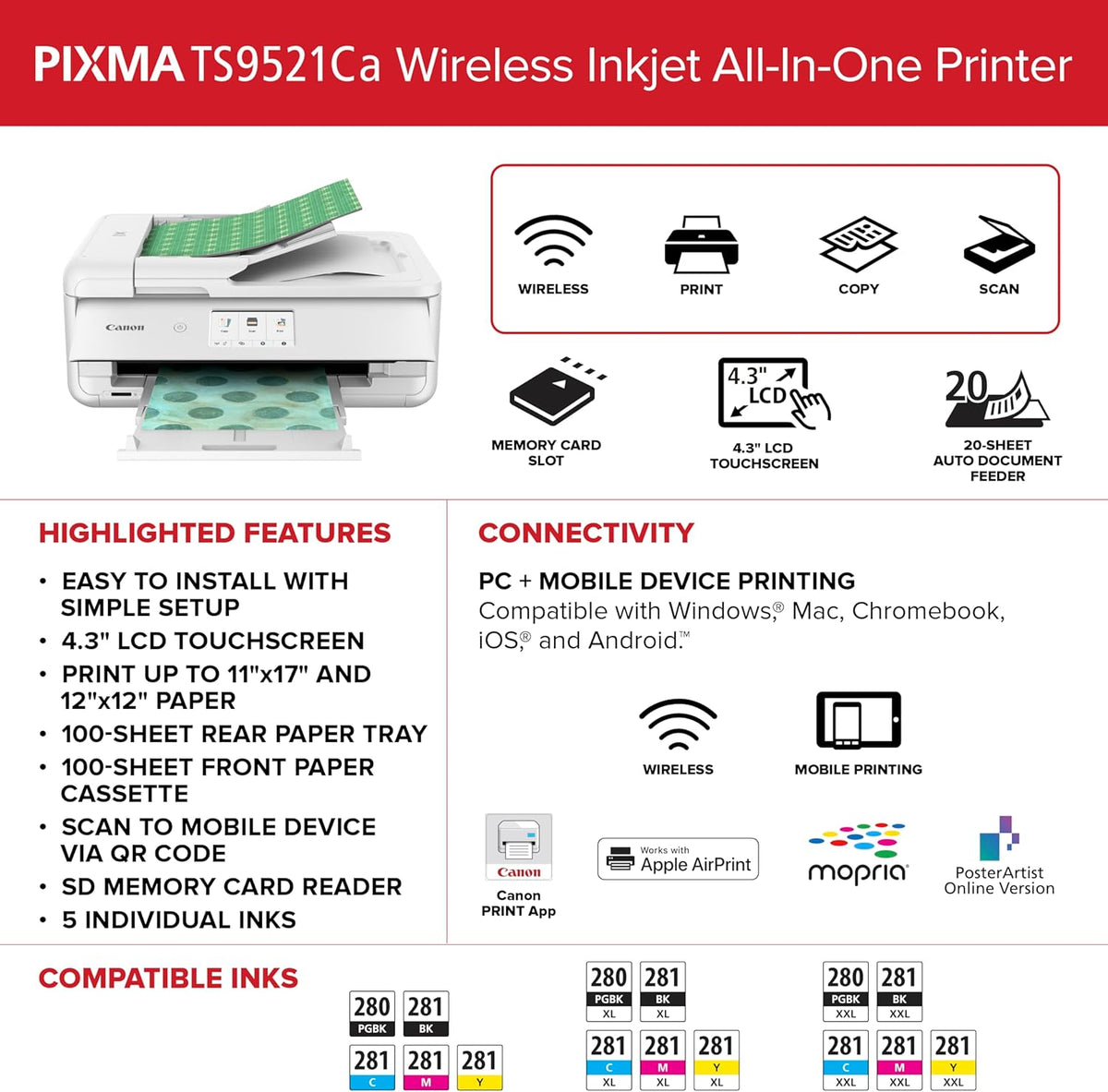 Canon PIXMA TS9521Ca – Wireless Home All-in-One Inkjet Printer
