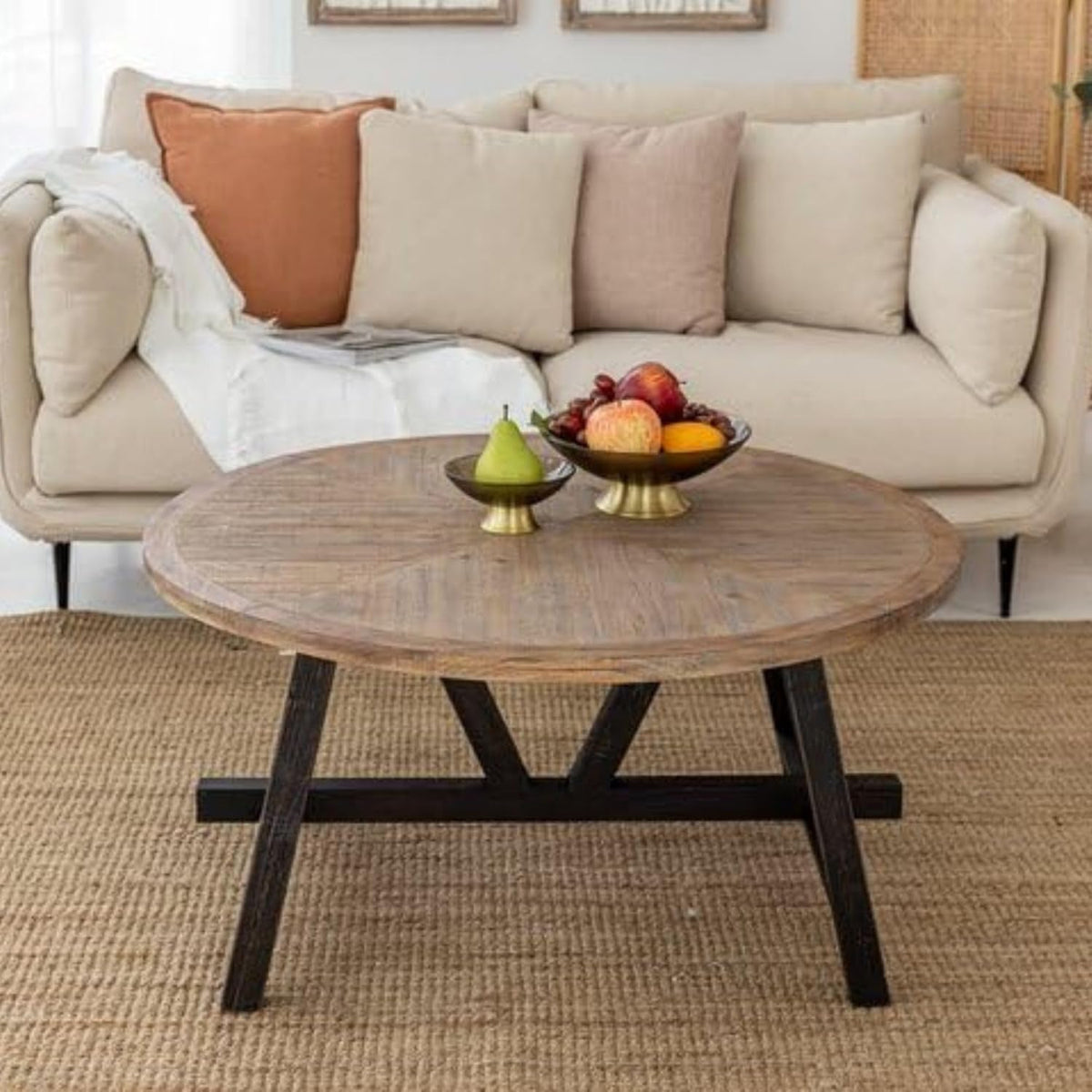 COZAYH Rustic Farmhouse End Table with Storage Shelf, French Country Modern Round Accent Side Table for Small Spaces, Wood Top & Black Base