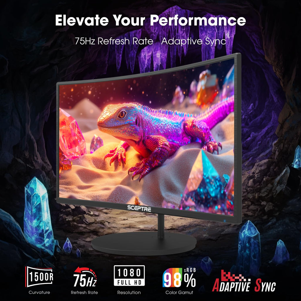Sceptre Curved 27-inch Prime Monitor up to 100Hz 1080p, HDMI x2, VGA, 99% sRGB, Built-in Speakers, R1500, Machine Black 2025 (C275W-1920RN Series)
