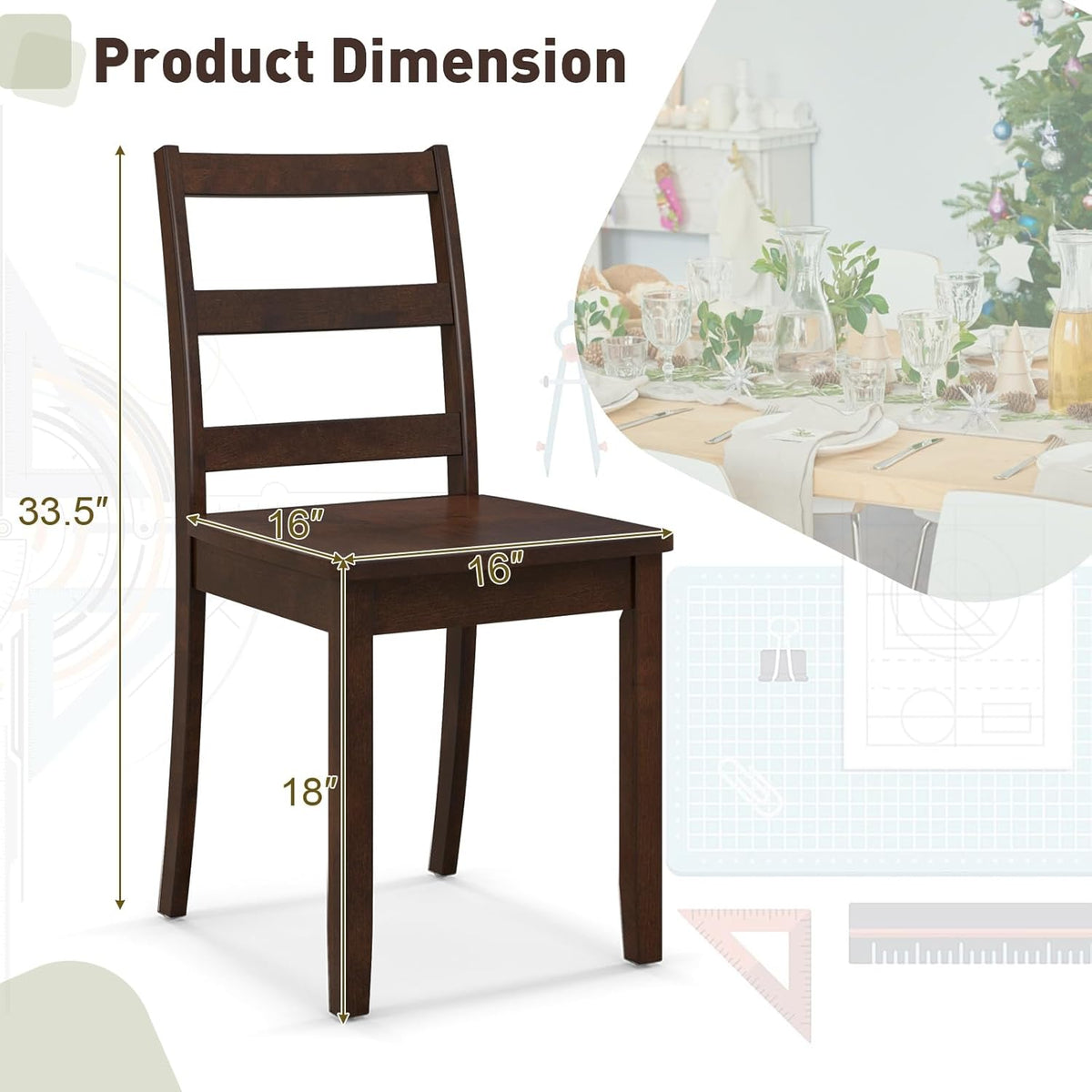 Giantex Wood Dining Chairs Set of 4 Walnut- Wooden Armless Kitchen Chairs with Solid Rubber Wood Legs, Non-Slip Foot Pads, Max Load 400 Lbs, Farmhouse Style High Ladder Back Dining Room Chairs
