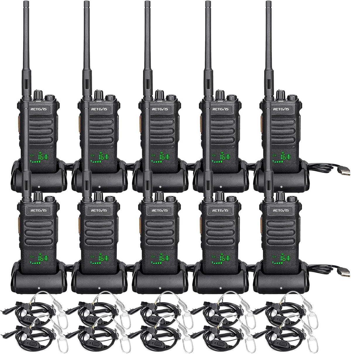 Retevis RT86 2 Way Radio Long Range with Earpiece,Professional Radio Walkie Talkies,Commercial Work Radio Bulk,Heavy Duty Two Way Radio Rechargeable 2600mAh,for Industry Construction Warehouse(10Pack)