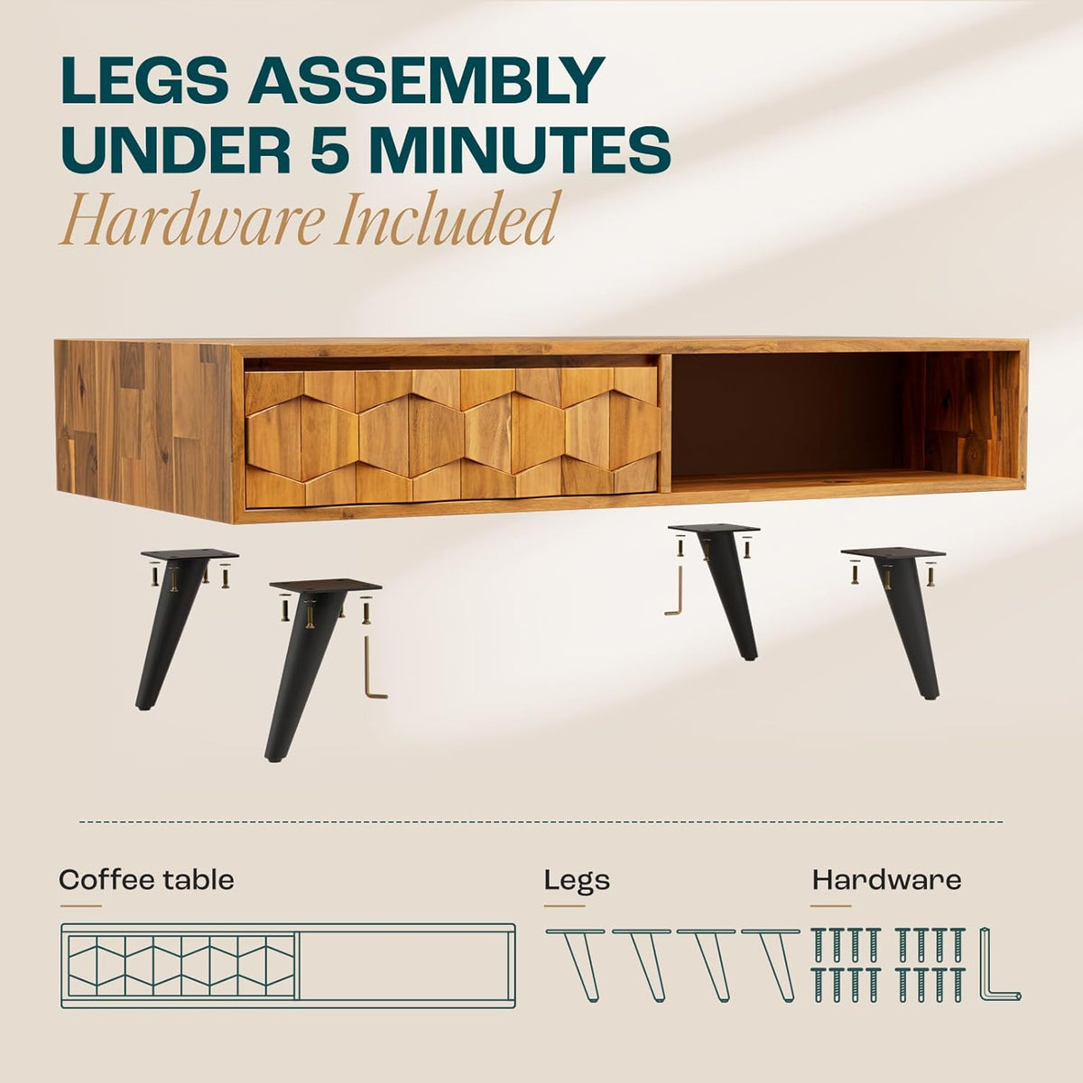 Bme Georgina Solid Wood Coffee Table, 2 Drawers & Open Shelves, Mid Century Modern Center Table, 110 cm, Teak Brown, Pre-Assembled