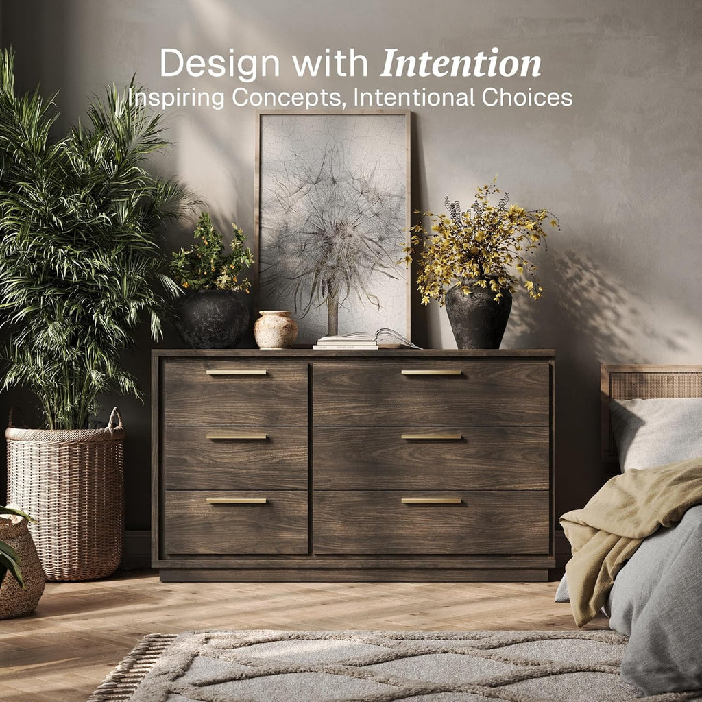 BELLEZE 6 Drawer Dresser for Bedroom and Closet, 54" Mid-Century Modern Wood Chest of Drawers, Wide Storage Organizer Cabinet for Living Room, Hallway, or Apartment, Brown