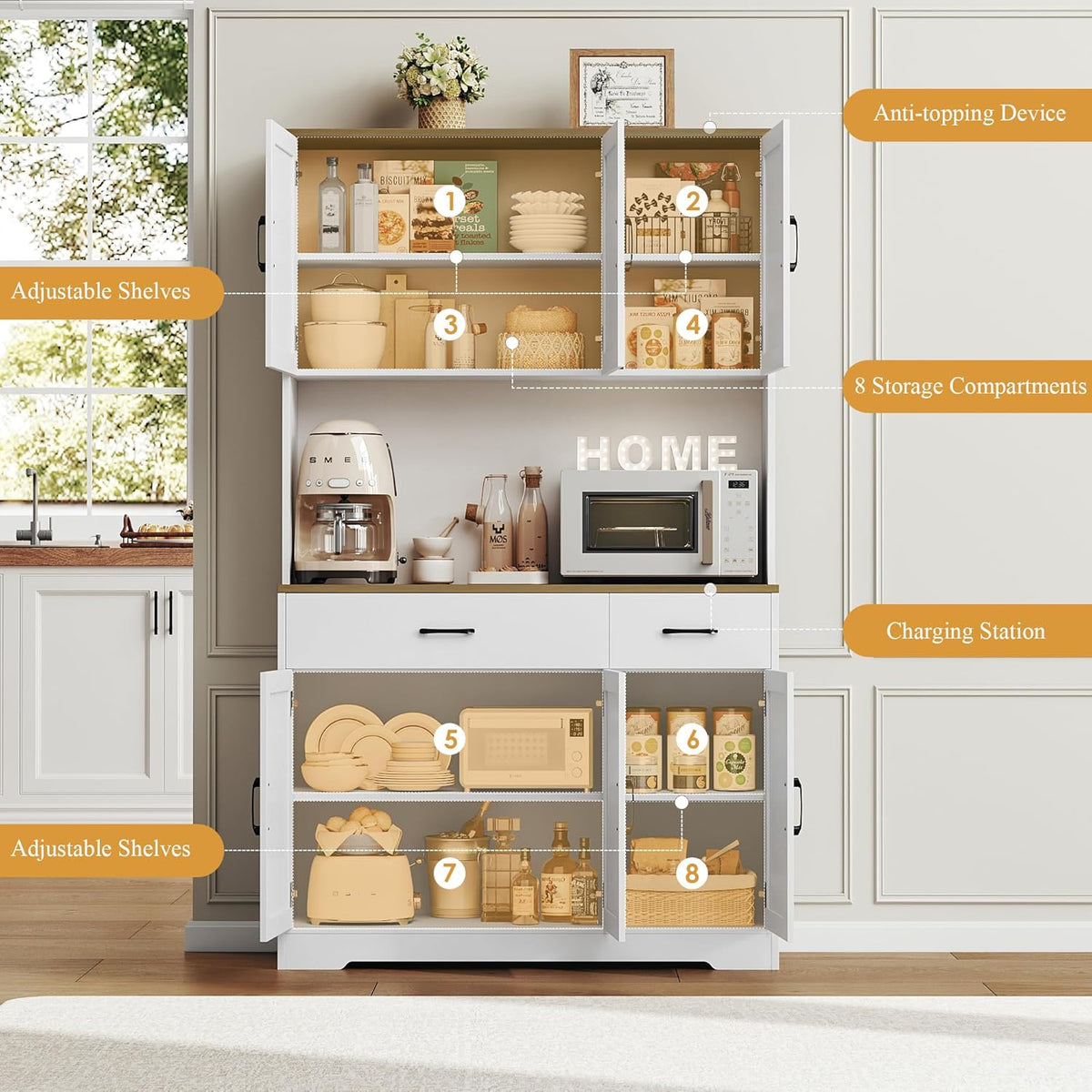 HOSTACK 71" Pantry Cabinet with Charging Station, Tall Kitchen Pantry Storage Cabinet with Microwave Stand, Farmhouse Kitchen Hutch with Storage Drawers for Living Room, Dining Room, White