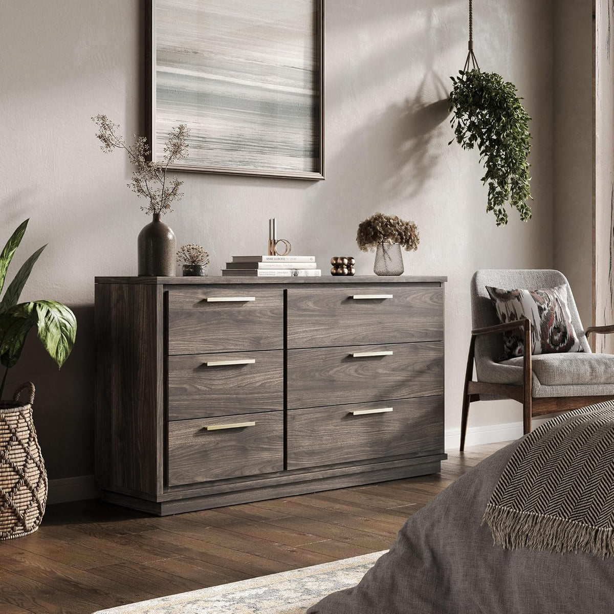 BELLEZE 6 Drawer Dresser for Bedroom and Closet, 54" Mid-Century Modern Wood Chest of Drawers, Wide Storage Organizer Cabinet for Living Room, Hallway, or Apartment, Brown