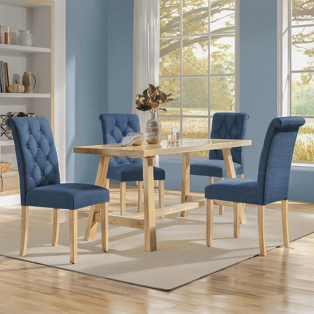 Yaheetech Dining Chairs Set of 4 Fabric Upholstered Dining Room Chairs with Button Tufted High Back and Solid Wood Legs for Kitchen/Living Room/Restaurant, Modern Style, Blue