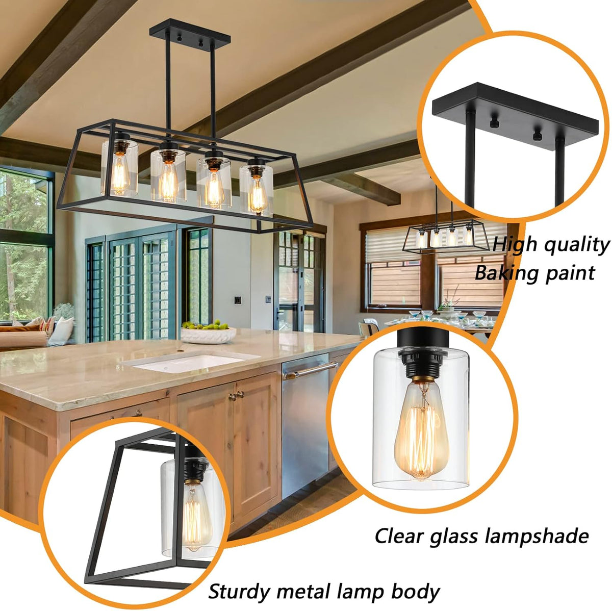 Black Farmhouse Chandeliers for Dining Room, Rustic Kitchen Island Light Fixture, 4-Lighting Linear Pendant Lamp Kitchen Island with Glass Shade  .Apply to Dining Room Light fixtures Over Table