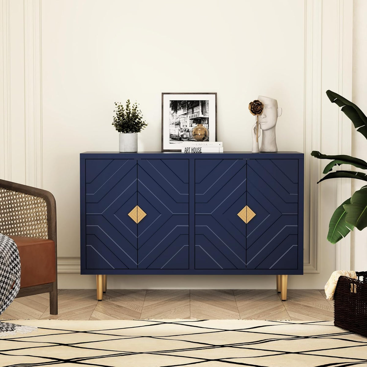 HLR 48" Accent Cabinet with 4 Doors and Shelves, Modern Sideboard Buffet Cabinet with Decorative Embossed Pattern Doors, Credenza Storage Cabinet for Living Room, Kitchen, Dining Room, Hallway
