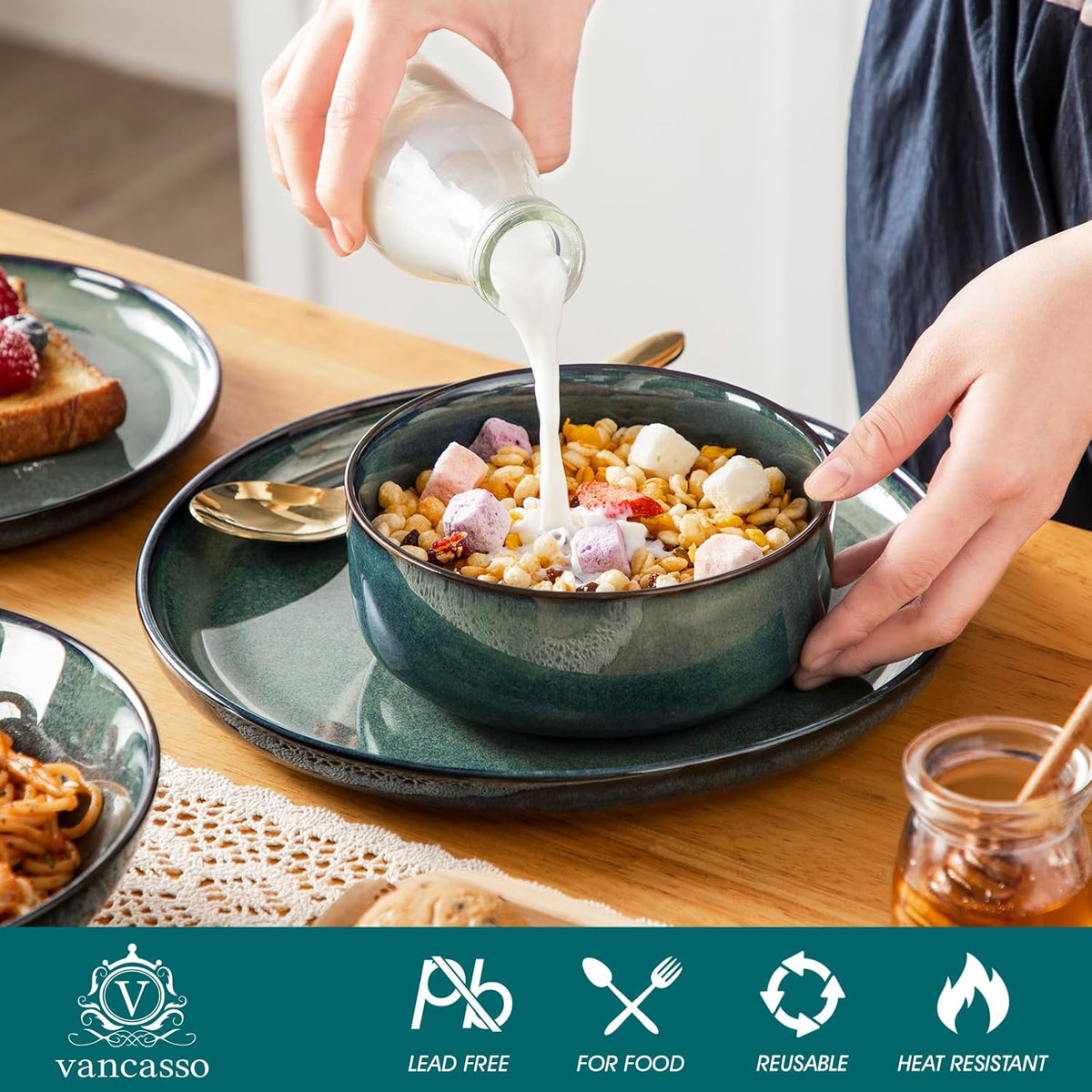vancasso Starry Plates and Bowls Sets for 6, 24 Pieces Dinnerware Sets, Green Reactive Glaze Dishes Sets for Kitchen, Scratch Resistant Stoneware Dishes Set, Dishwasher and Microwave Safe