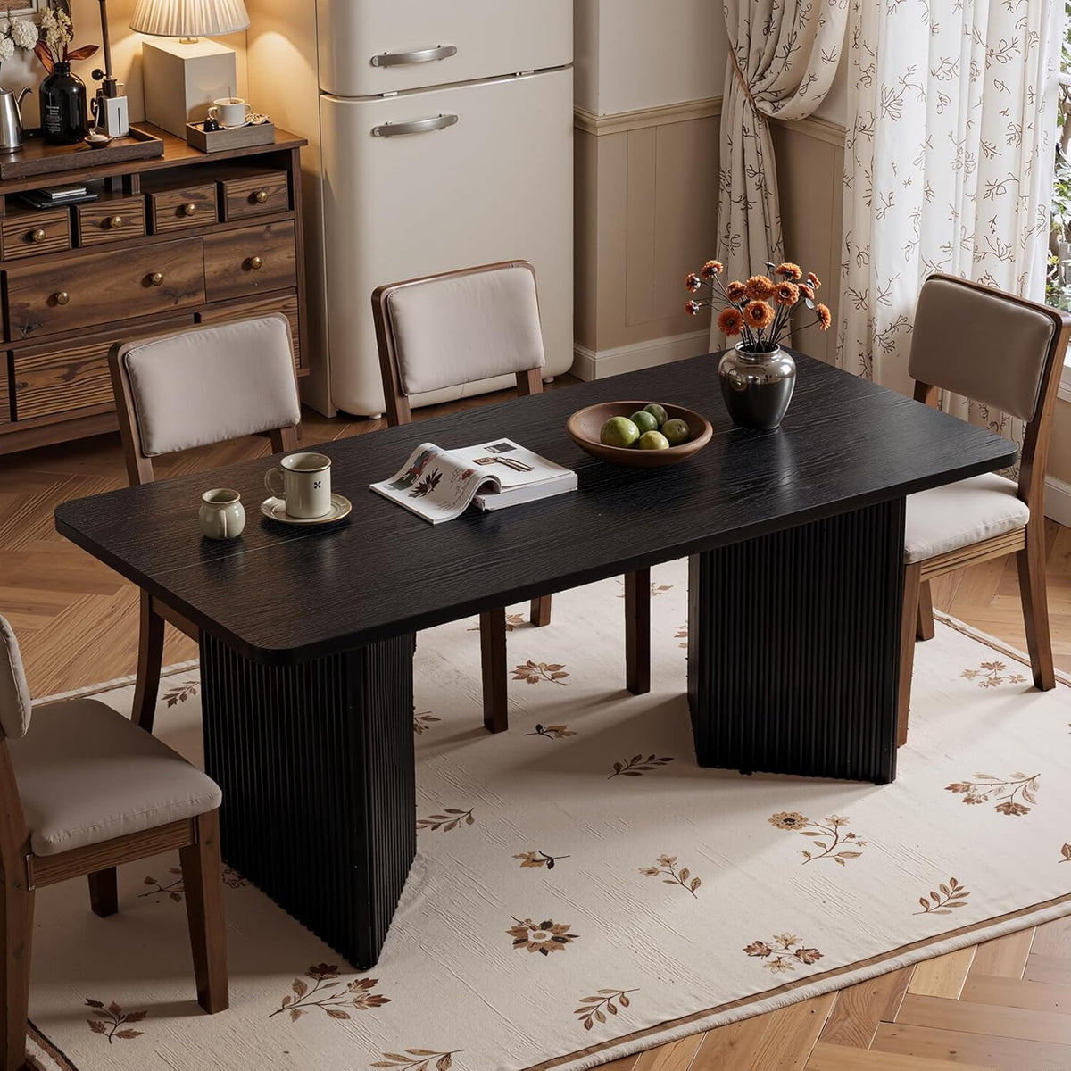 LITTLE TREE 63" Rectangle Dining Table, Modern Kitchen Table for 4-6 People, Large Dinner Table with Thick Sturdy Base for Kitchen, Dining Room (Black, MDF)