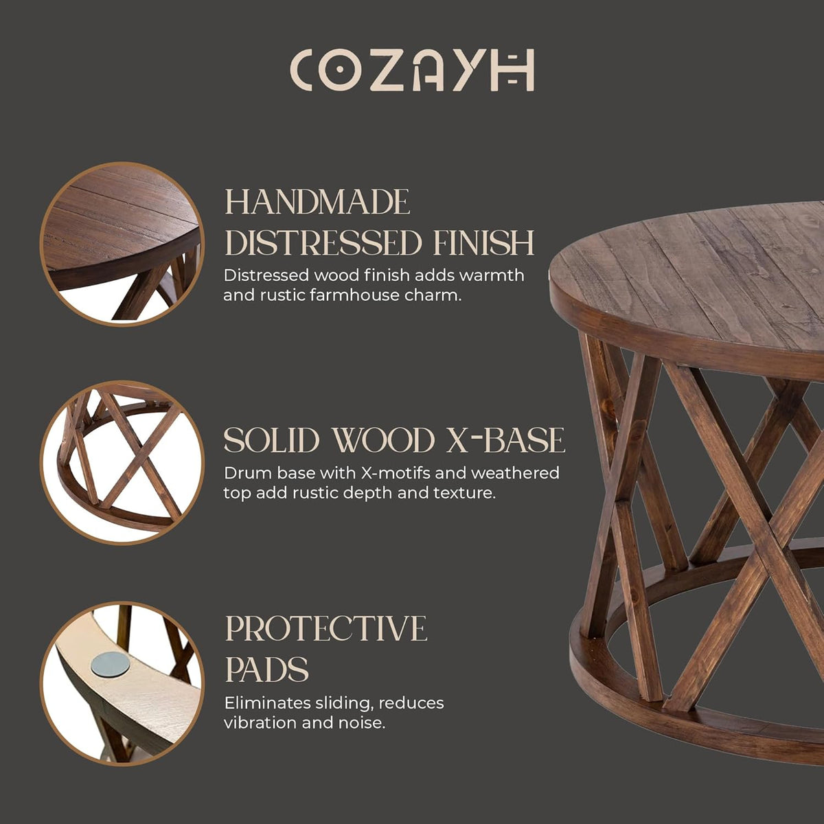 COZAYH Rustic Farmhouse Coffee Table, Round Coffee Table with X-Motifs Legs, Wood Textured Top, for Boho, French Country Decor, Brown