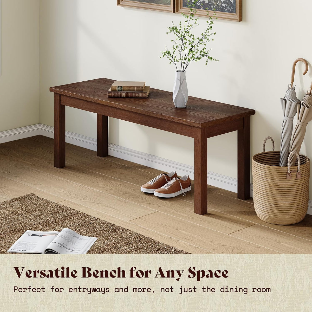AMERLIFE 6-Piece Farmhouse Dining Table Set, 59" Wooden Table with 4 Chairs & Bench, Dining & Kitchen Room Set for 6, Space-Saving Rustic Dining Set, Walnut