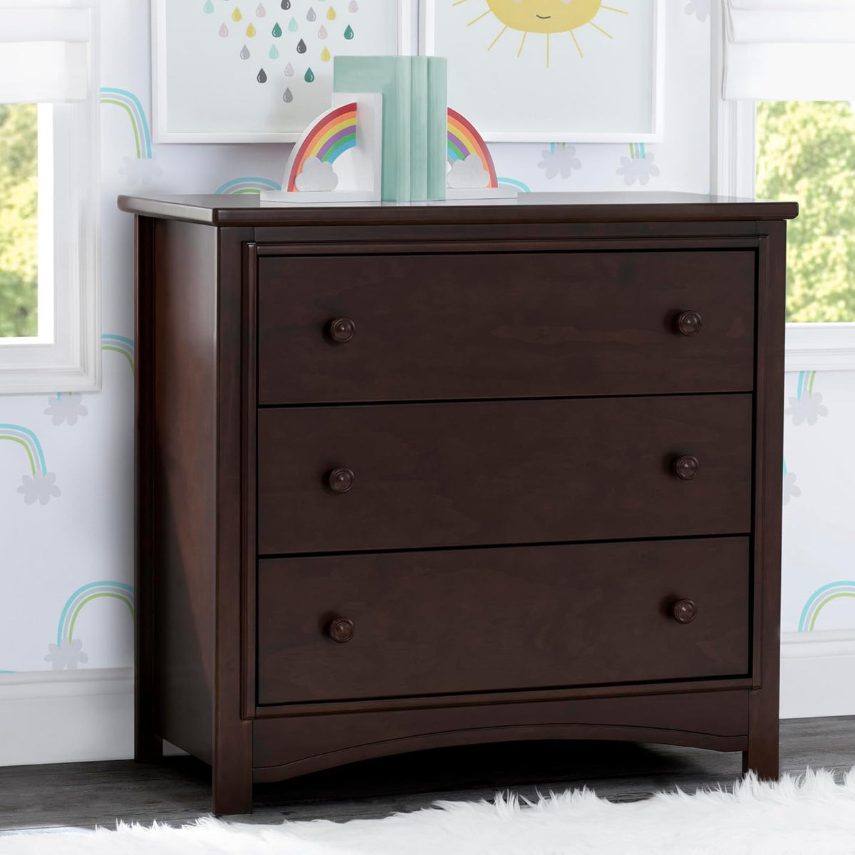 Delta Children Perry 3 Drawer Dresser with Changing Top and Interlocking Drawers, Walnut Espresso