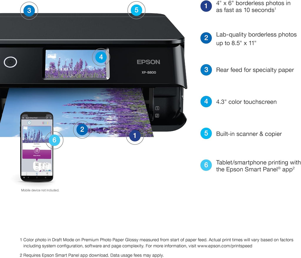 Epson Expression Photo XP-8800 Wireless Printer with 6-Color Claria Ink System, Borderless Prints up to 8.5" x 11", Fast Printing, 4.3" Color Touchscreen, Built-in Scanner and Copier