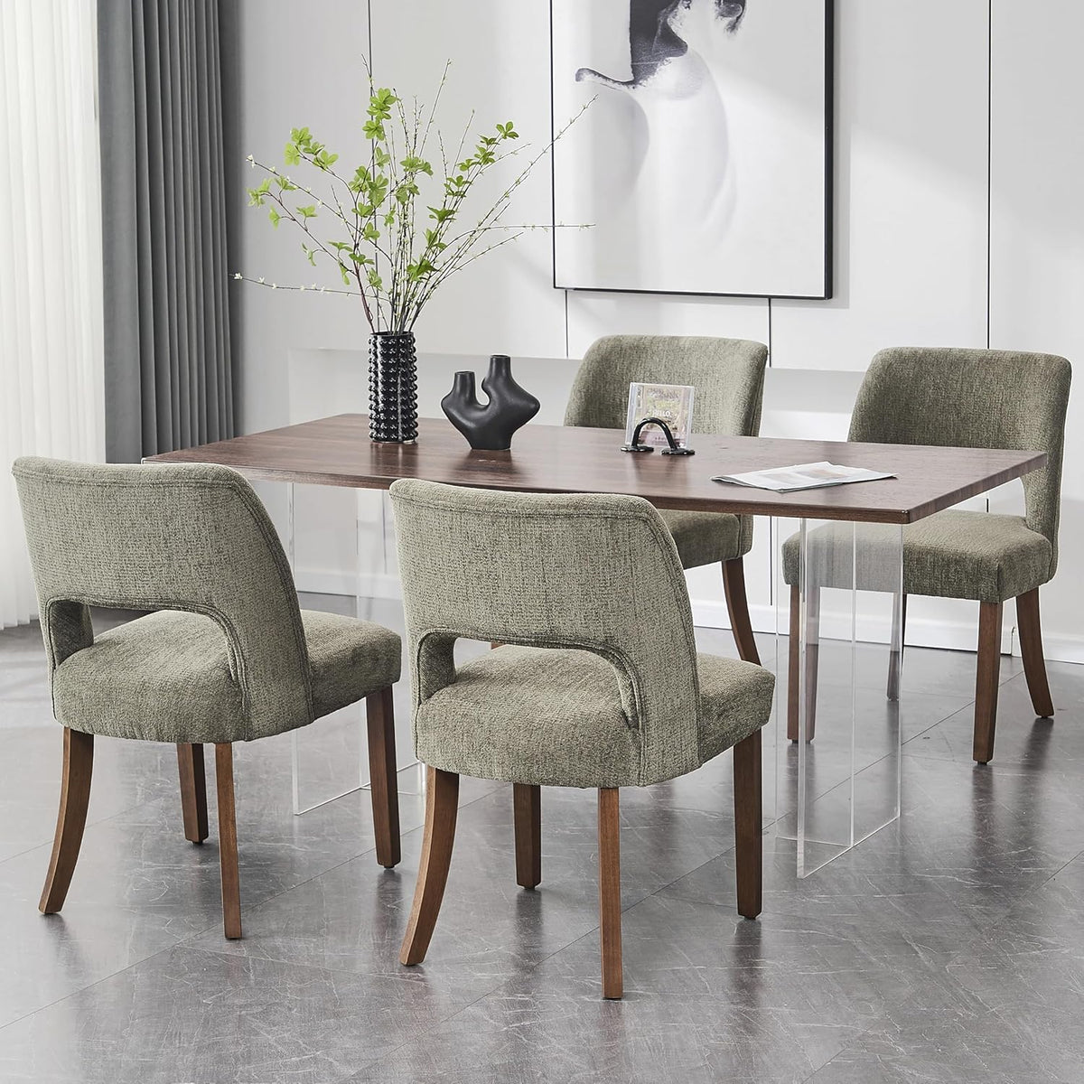 VKNOW Wooden Dining Chairs Set of 4, Modern Fabric Upholstered Dining Room Chair Kitchen Chairs, Farmhouse Dinner Chair for Kitchen Dining Room, Green