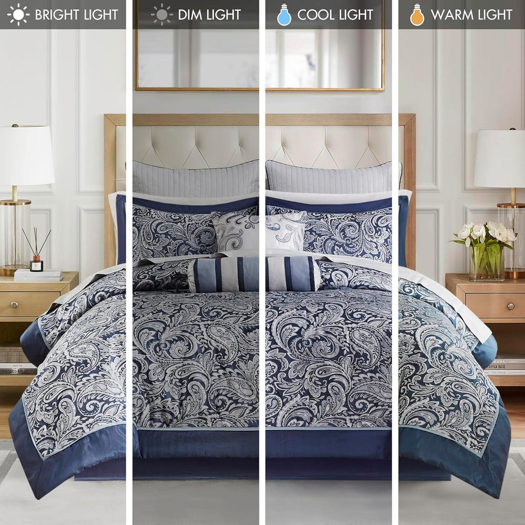 Madison Park Aubrey Cozy Comforter Set, Faux Silk Jacquard Paisley Design - All Season Down Alternative Bedding with Cotton Bed Sheets, Bed Skirt & Toss Pillows, Queen Navy 12 Piece