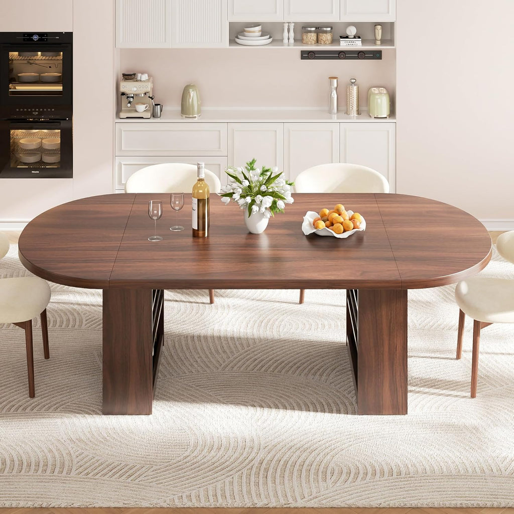 Jocoevol 78.7" Oval Dining Table for 8-10, Modern Dining Room Table with 3-Tier Storage Shelf, Wood Dinner Tables with Heavy Duty Pedestal Base for Kitchen Living Room - Walnut
