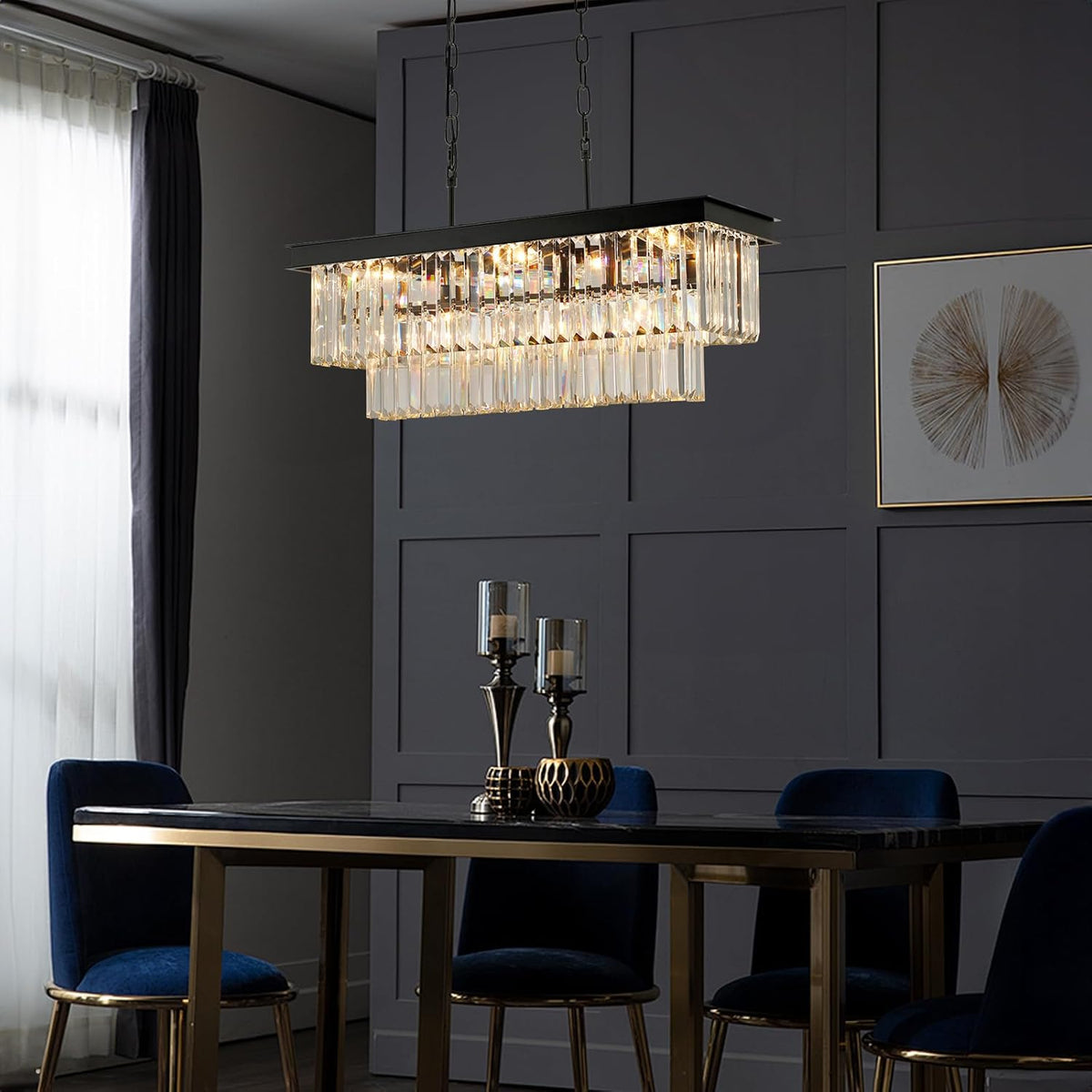 Weesalife Black Crystal Chandeliers for Dining Room Light Fixtures Over Table .9-Lights Modern Rectangle Chandeliers for Kitchen Island Bar L28 Inch