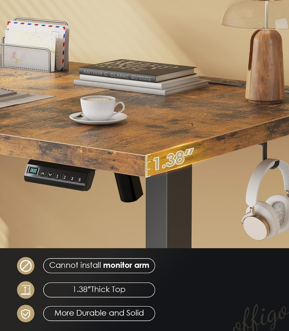 OffiGo 71 Inch Executive Electric Standing Desk, Height Adjustable Desk with Power Outlet & 1.38" Thick 3-Piece Desktop, Sit Stand Computer Desk for Home, Office, Conference Room, Rustic Brown