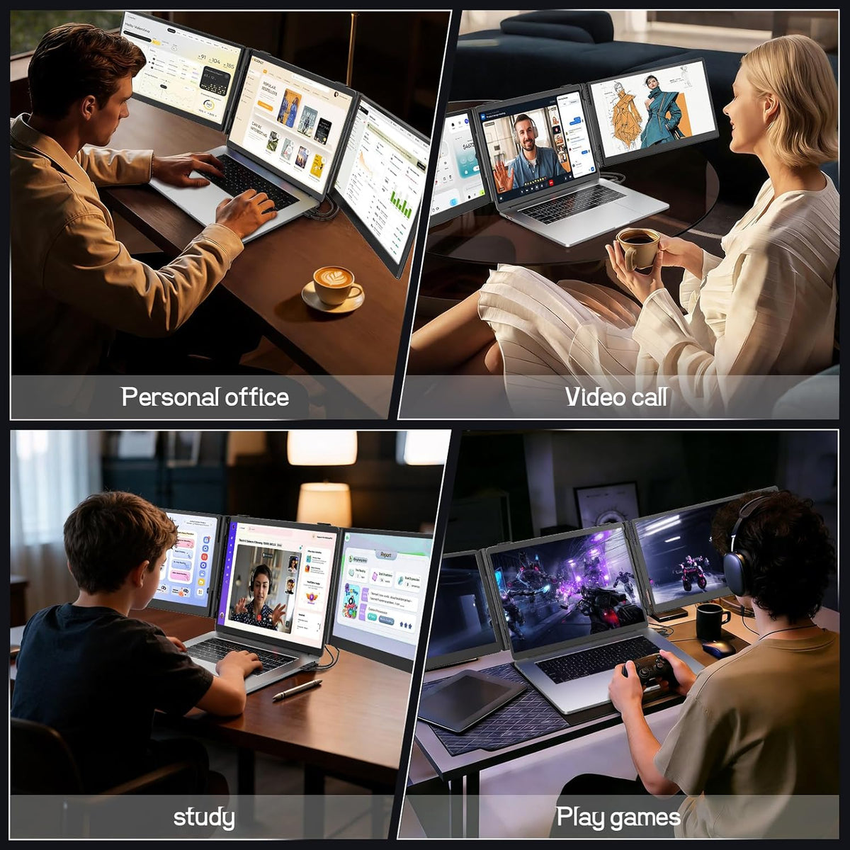 Laptop Screen Extender, 14'' FHD 1080P Ultra-Slim Triple Portable Monitor for Laptops, Two Cable USB-C Travel Monitor Extender Plug & Play for 13"-17" Laptop, Compatible with Wins/Mac/Android/Chrome
