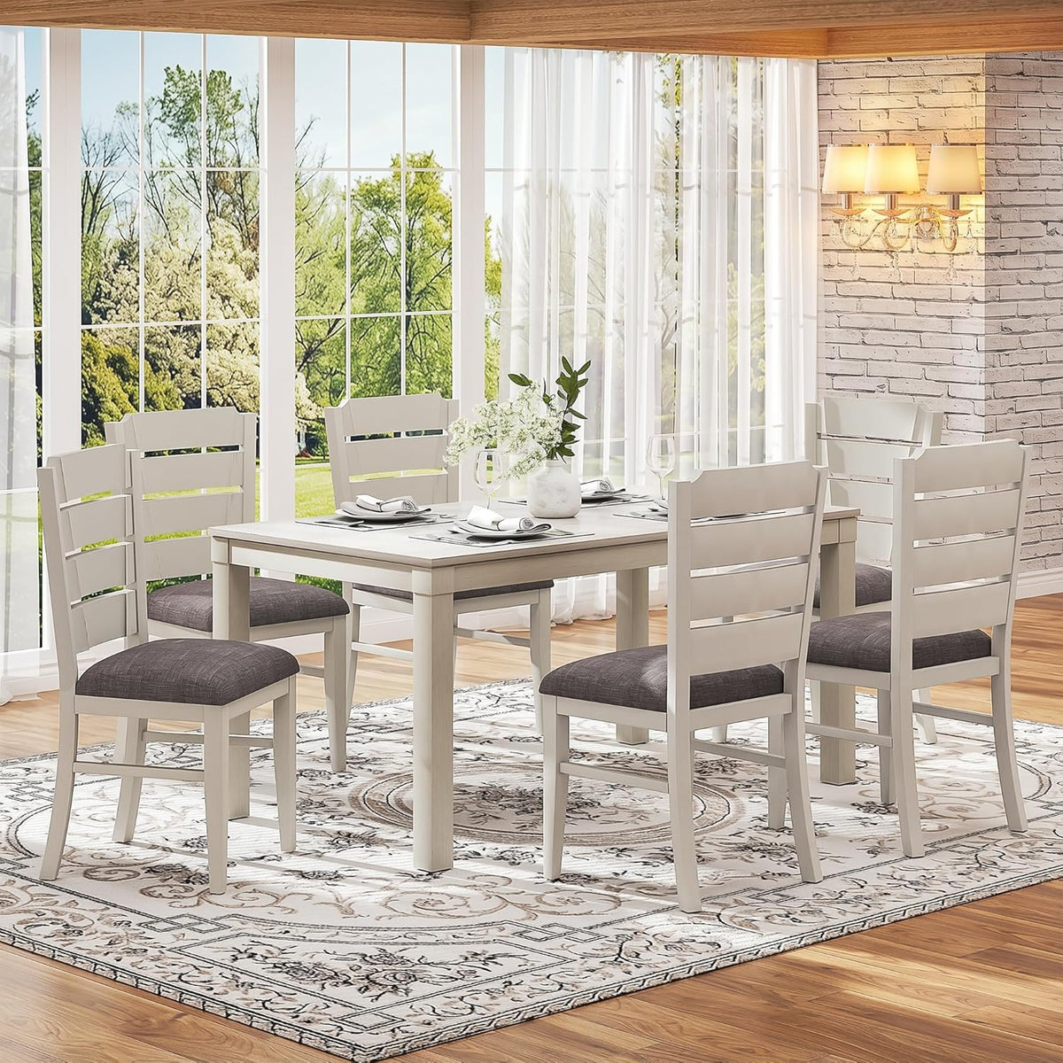 VECELO 7-Piece Solid Wood Dining Table Set with 6 Upholstered Chairs, Farmhouse Design for Kitchen & Small Spaces, for Dining Room, Kitchen, Gray