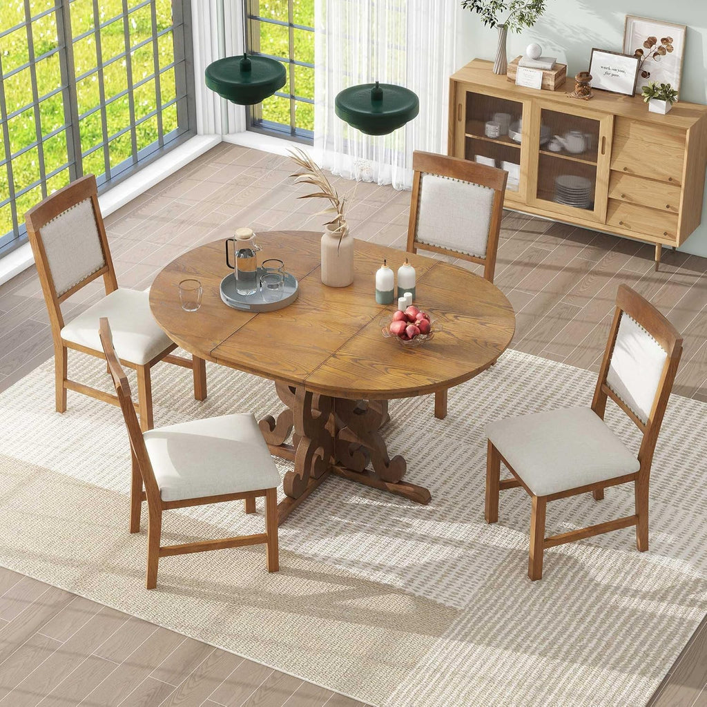 Merax Round Dining Table Set for 4, 42"-58" Extendable Kitchen Table Set with 4 Upholstered Chairs, Farmhouse Dining Table and Chairs Set for Kitchen, Dining Room, Living Room, Walnut