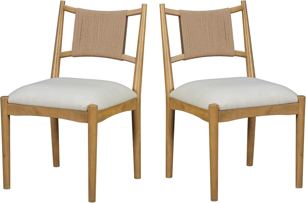 Christopher Knight Home Yudidi Mid Century Modern Dining Chairs Set of 2, Dining Room Chairs with Fabric Upholstery, Rubberwood Frame Kitchen Chairs with Paper Rope Backrest, Beige+Light Brown+Natural