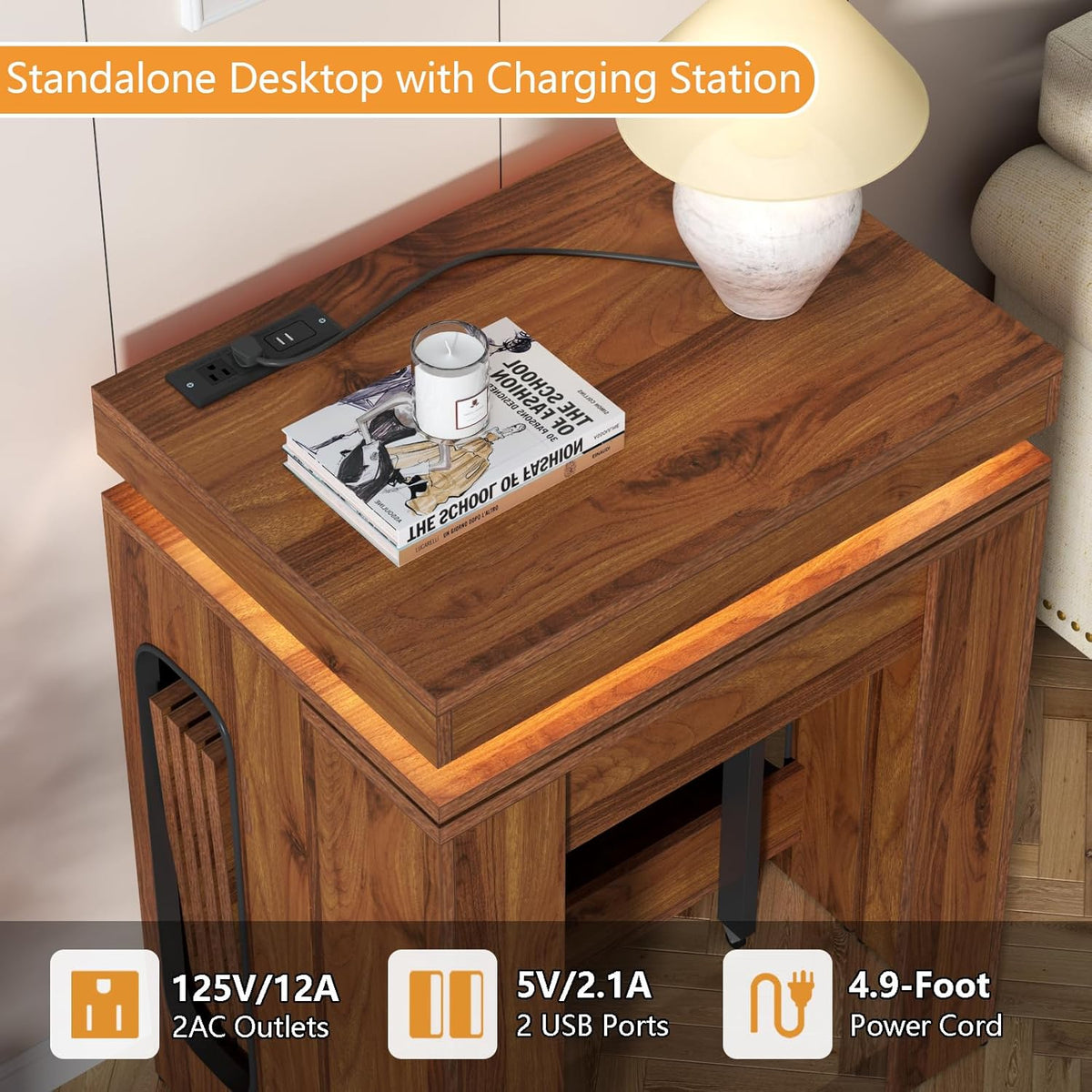 Extendable Dining Table with Charging Station, Convertible Folding Console Table for 6-8 People, Space-Saving Dining Table with LED Lights, Wood Rectangle Kitchen Table for Homes, Walnut (No Chairs)