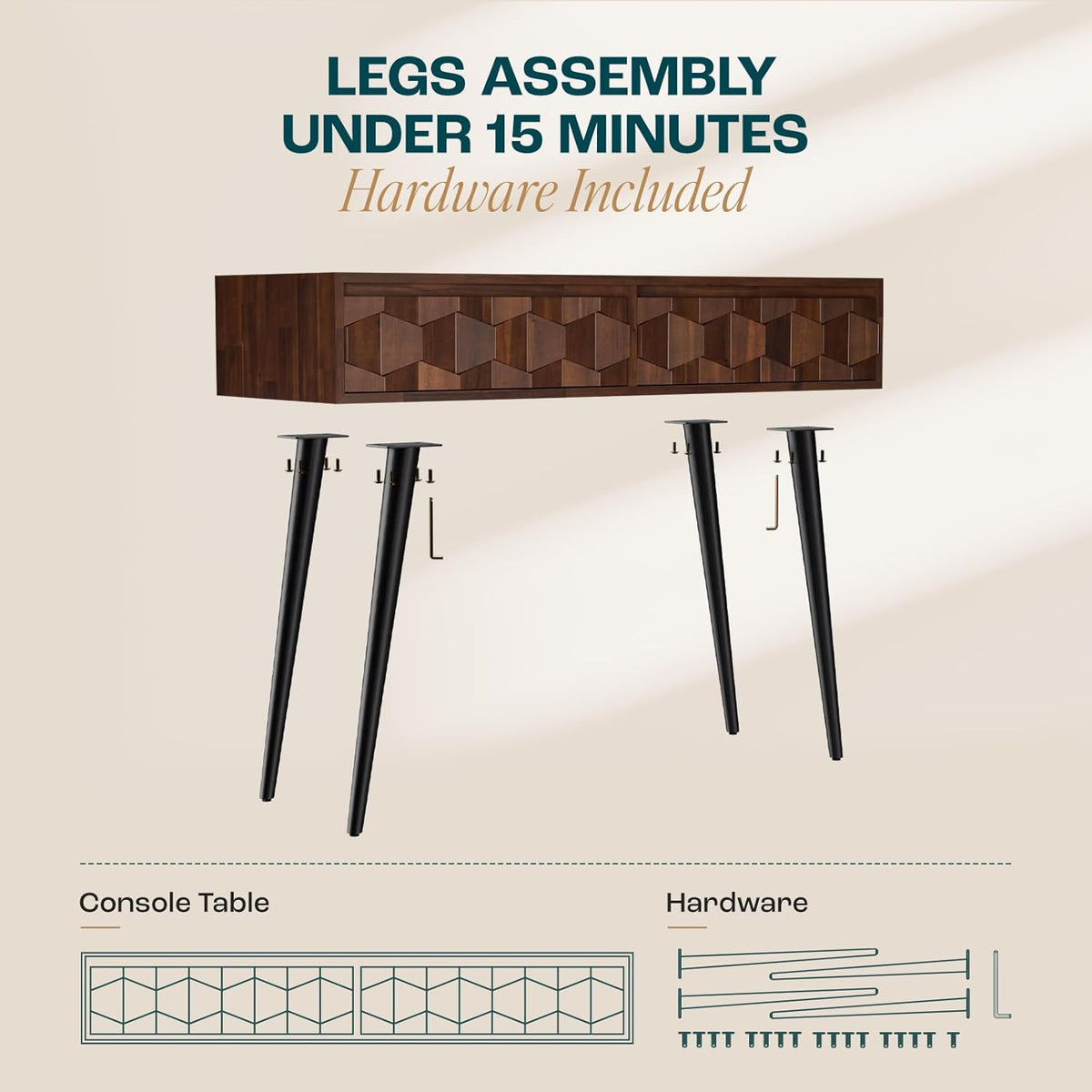 Bme Console Modern Mid-Century 2 Drawers, Unique Geometric Design Sofa Table for Entryway, Hallway, Living Room, Walnut