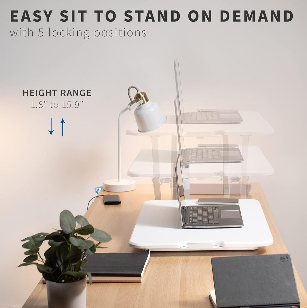 VIVO Ultra-Slim Single Top Height Adjustable Standing Desk Riser, Compact Sit Stand Desktop Converter for Monitor or Laptop, White, DESK-V001JW