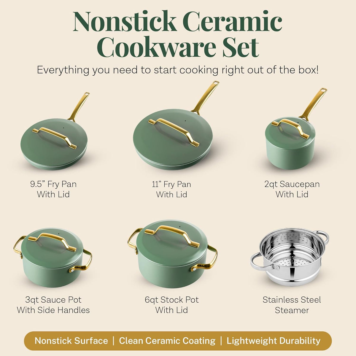 Gotham Steel Modern 11 Pc Ceramic Cookware Set, Elegantly Designed Pots and Pans Set Non Stick with Steamer, Induction Bottom, Premium Stay Cool Handles, Non Toxic PFOA Free, Oven & Dishwasher Safe