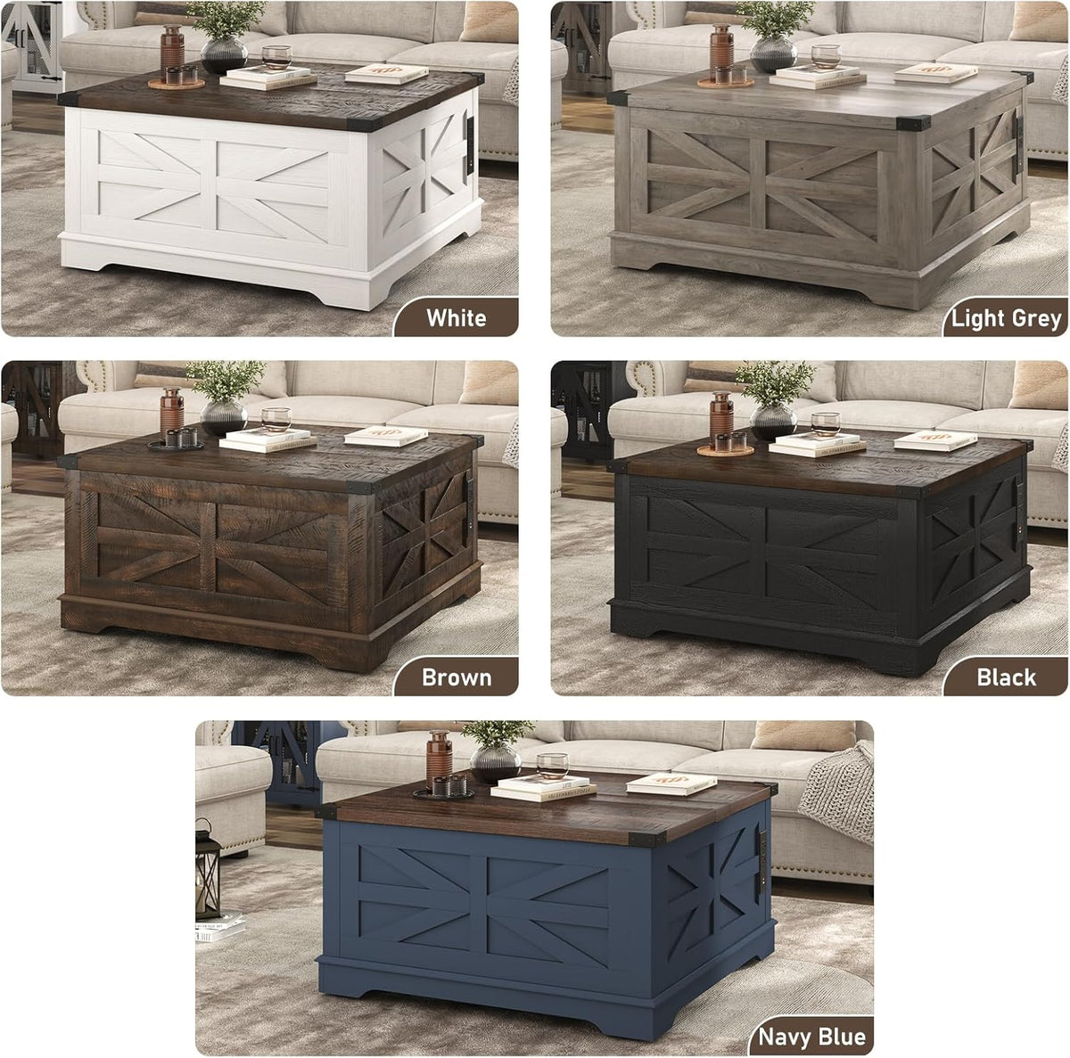 Hlivelood 36" Farmhouse Movable Lift Top Coffee Table with Storage and Power Outlets, Square Wood Living Room Tables with Wheels&Large Hidden Space, Lift Wooden Barn Door Center Table, Brown