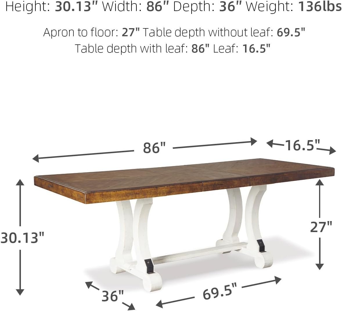 Signature Design by Ashley Valebeck Extendable Dining Room Table, Rustic Farmhouse Dining Table with Leaf Extension, Seats Up to 8, Vintage White/Brown