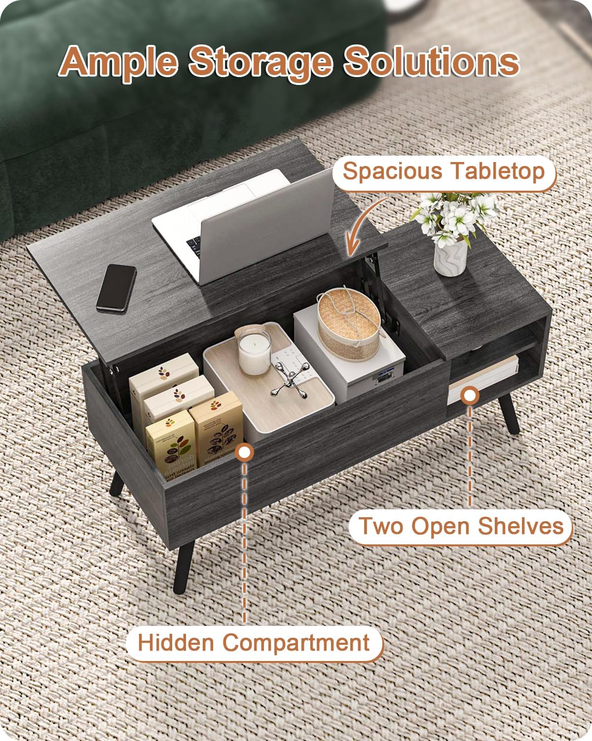ALINE FURNITURE Gray Coffee Table Lift Top - Dark Grey Coffee Table with Solid Wood Legs, Hidden Storage Compartment & Open Shelves - 40" Rectangle Coffee Tables for Living Room