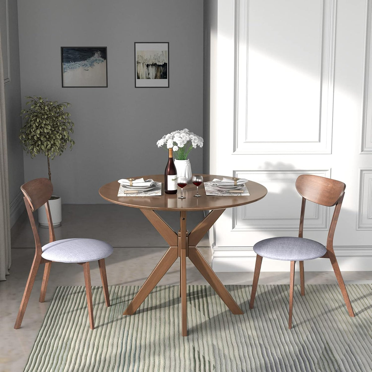 Giantex 3-Piece Dining Table and Chair Set, Wooden Kitchen Table Set, Farmhouse Round Kitchen Table and 2 Cushioned Dinette Chairs, Mid-Century Dining Table Set for Dining Room, Living Room