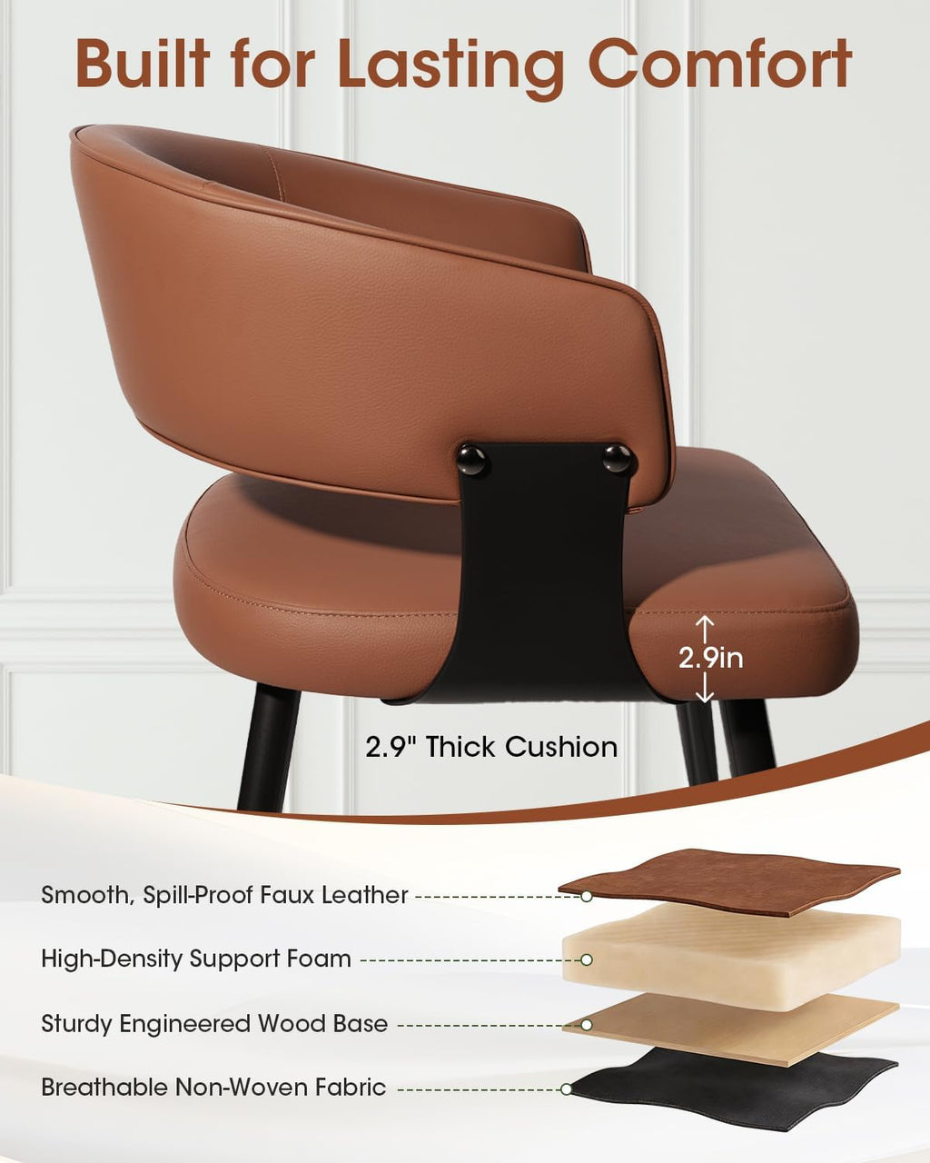 Dining Chairs Set of 4, Modern Upholstered PU Leather Kitchen & Dining Room Chairs with Curved Open Back Metal Legs, Kitchen Chairs for Dining Room Restaurant (Brown, Set of 4)