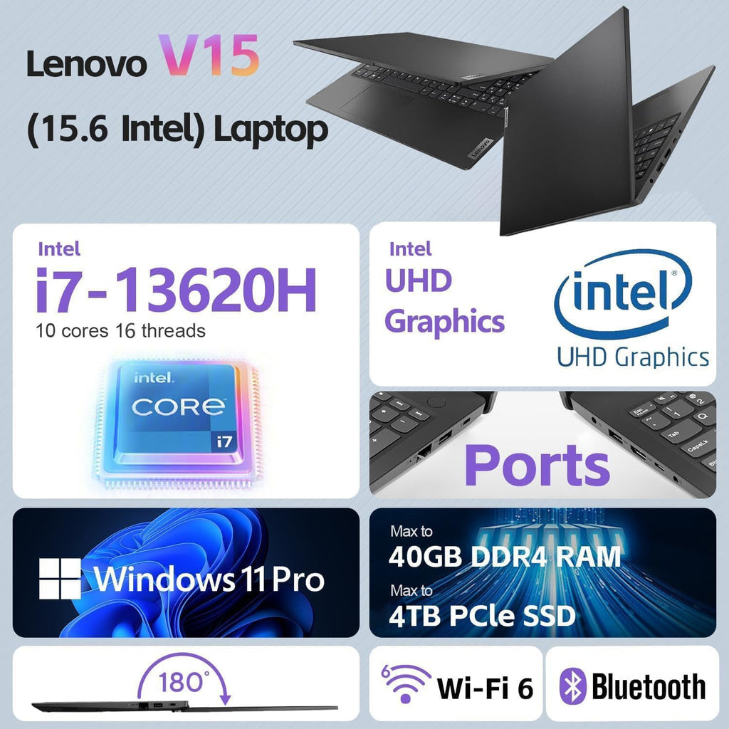 Lenovo V15 G4 15.6" Business Laptop, FHD Anti-Glare Display, Intel 10-Core i7-13620H (Beat Ultra 7 255U),16GB RAM, 512GB SSD, WiFi 6, Bluetooth 5.2, Windows 11 Pro, with 5ave 6-in-1 Accessory Kit
