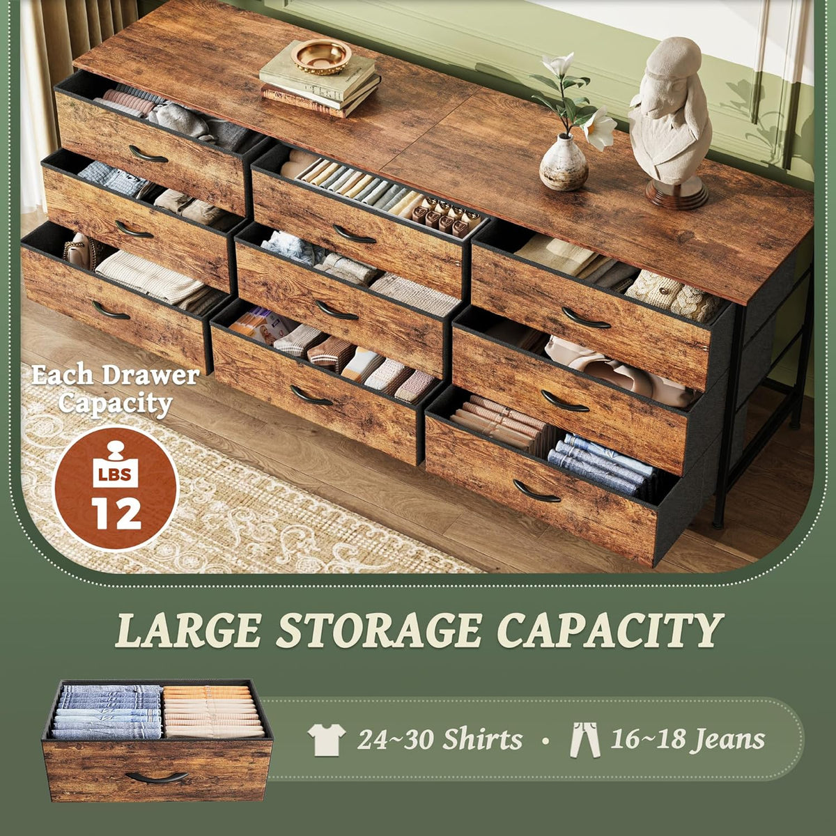 Huuger 63 Inch Dresser for Bedroom, Dresser for Closet with 9 Fabric Drawers, Large TV Stand for 55, 65, 70 Inch TV, Entertainment Center with Storage, Wide Long Chest of Drawers, Rustic Brown