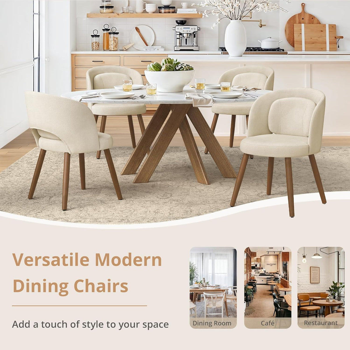LUE BONA Dining Chairs Set of 4, Modern Upholstered Kitchen Chairs with Solid Wood Legs, Curved Backrest & Lumbar Support for Home Dining Room, Restaurant, Linen Color