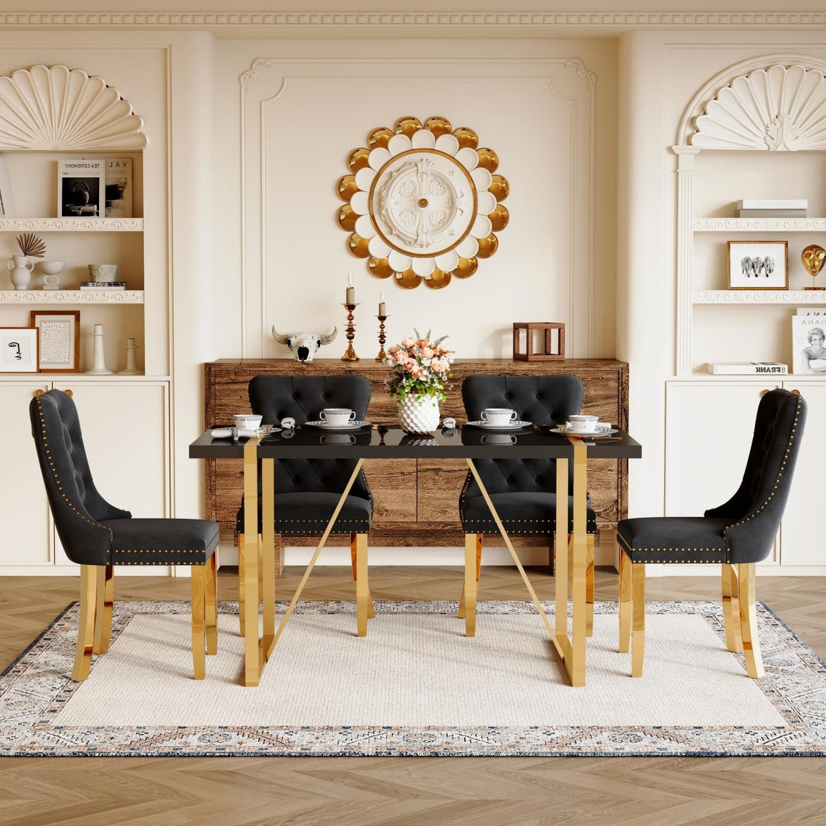 Black Dining Table Set for 4, 55" Black Glossy Top with Gold Metal Legs, Modern Dining Table Set for 4 & Velvet Tufted Chair with Gold Nailhead Trim, Luxry Kitchen Table Set Ideal for Dining Room,APT