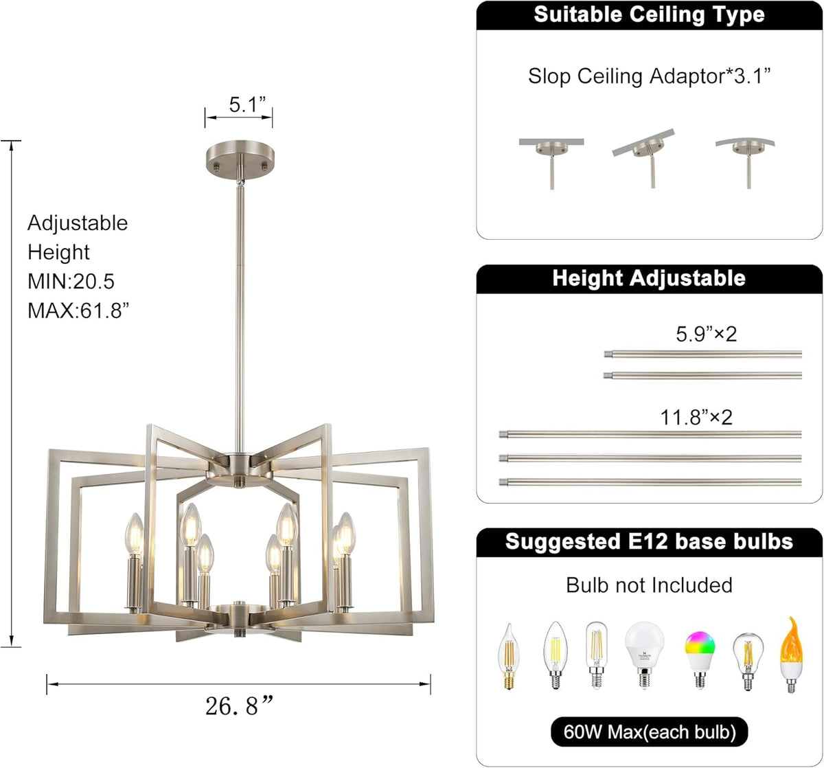 Sigaitwei 8-Light Large Brushed Nickel Chandeliers for Dining Room .Modern Industrial Pendant Lights Kitchen Island .Farmhouse Entryway Light Fixtures .Metal Geometric Chandelier for Living Room